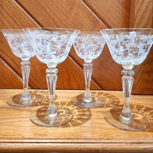 Tiffin Franciscan Cerise Etched Roses Champagne Glasses Set of 4